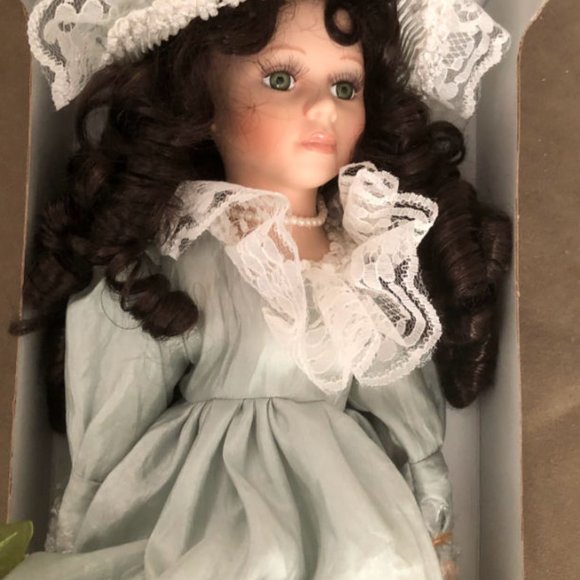 17" Porcelain Doll w/ Long Dark Hair & Green Eyes (in original box) - Picture 2 of 6